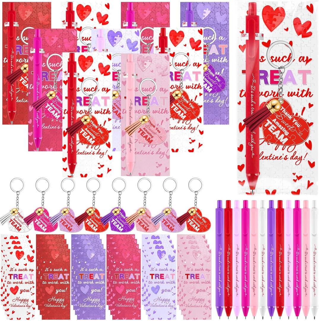 24 Sets Valentines Pens Gift for Coworker Employee Team Staff Office Appreciation Gifts Bulk Heart Keychains with Ballpoint Pens Inspirational Thank You Cards