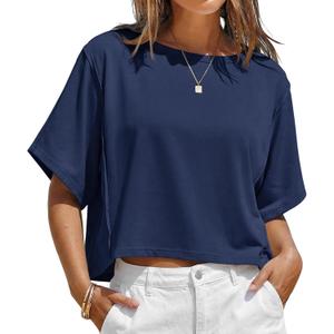 Fisoew Womens Oversized Crop Tops Summer Short Sleeve Crewneck T Shirts Casual Loose Basic Tee Workout Shirts, Large