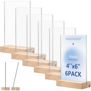 Acrylic Sign Holder 4 x 6 with Wooden Base - 6 Pack L/T Shape 2 in 1 Table Sign Stand Vertical or Slant Back Display, Photo Picture Frame, Menu Holder for Restaurant, Office, Store, Wedding