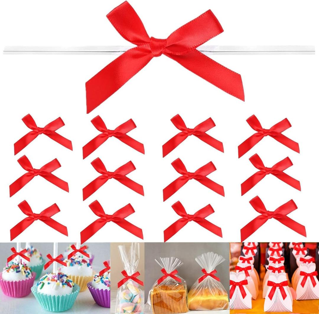 100 Pieces Red Bow Twist Ties for Bags, Satin Twist Tie Bows for Cake Pops, Twist Bows for Treats, Pre Tied Bows for Gifts Wrapping, Ribbon Bows, Pretied Bows Ties for Christmas Gift Wrap Bows