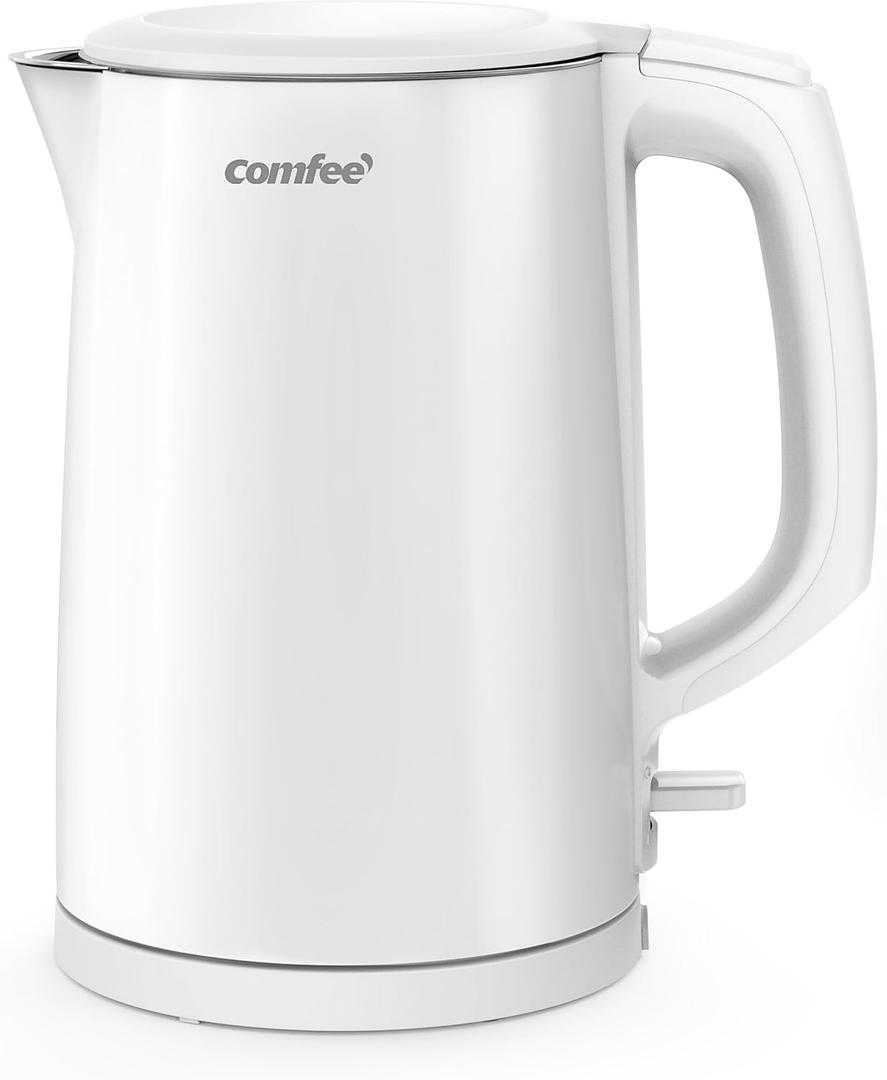 COMFEE' Electric Kettle and Tea Kettle, 1.5L Double Wall, Stainless Steel Interior, Lid & Spout, Fast Boil, Auto-Off, and Boil-Dry Protection, 1500W (1.6 Quarts, White)