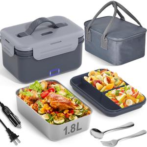 Vabaso 1.8L Electric Lunch Box for Adults, 100W Heated Lunch Box for Car/Truck Home/Work, Portable Food Warmer Heating LunchBox with 61oz Stainless Steel Container, 12V/24V/110V/220V (Eternal Gray)