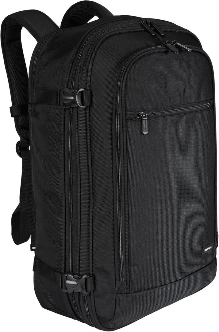Amazon Basics Travel Backpack, Carry-On with Laptop Compartment, 40L Capacity, Expandable for 10% Extra Space, Convertible Backpack & Shoulder Bag, Multiple Pockets, 15.8"W x 21.5"H x 8.3"D, Black
