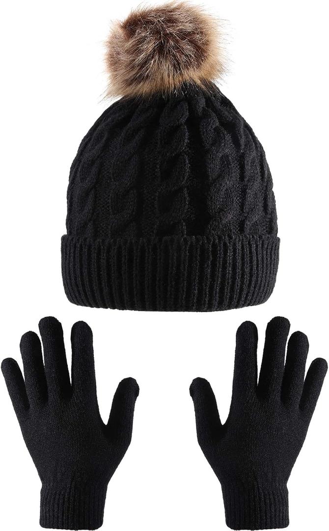 Tatuo 2 Pcs Women Winter Hats Gloves Set Knitted Beanie Hat Warm Stretchy Gloves Pom Pom Beanie Knit Cap Gifts for Women