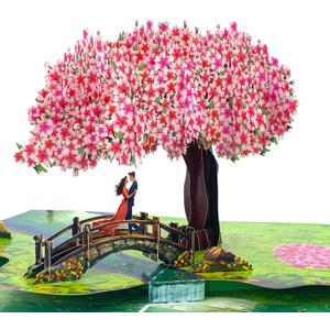 3 x Pop Up Anniversary Cards 3D Cherry Blossom Bridge with Couple in Love, Romantic Greeting Card for Wife, Husband, Her, Him, Wedding Card, Happy Valentines Day, 6"x 8" Happy Mothers Day Pop Up Card