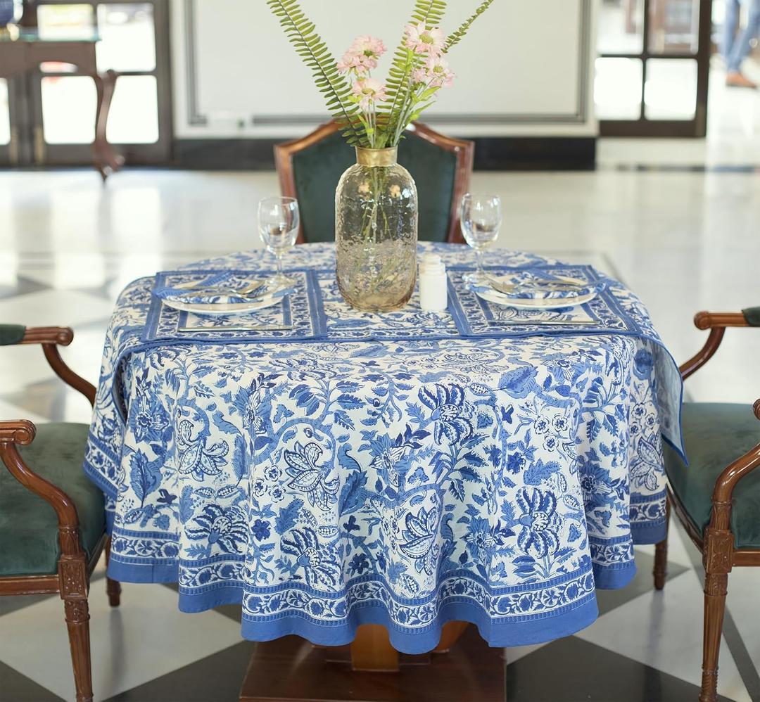 Labhanshi Indian Block Print Round Table Cloth|Jaipur Round Floral Cotton Table Cover 60 Inch 4-Seater Spring Easter Kitchen Dining Tablecloth|Patio Table Cover for Event Wedding Banquet Parties|Blue
