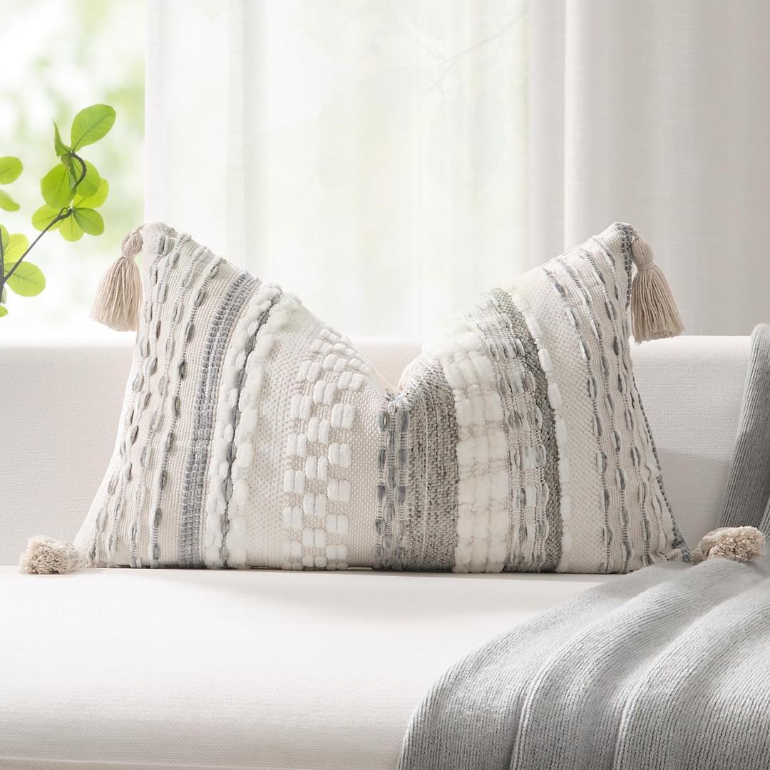 Kevin Textile 12x20 Inch Lumbar Throw Pillow Cover 1 Pack Boho Decorative Soft Chenille Thread Woven Tufted Textured Rectangle Cushion Case Farmhouse Accent for Living Room Couch Sofa Bed, Grey