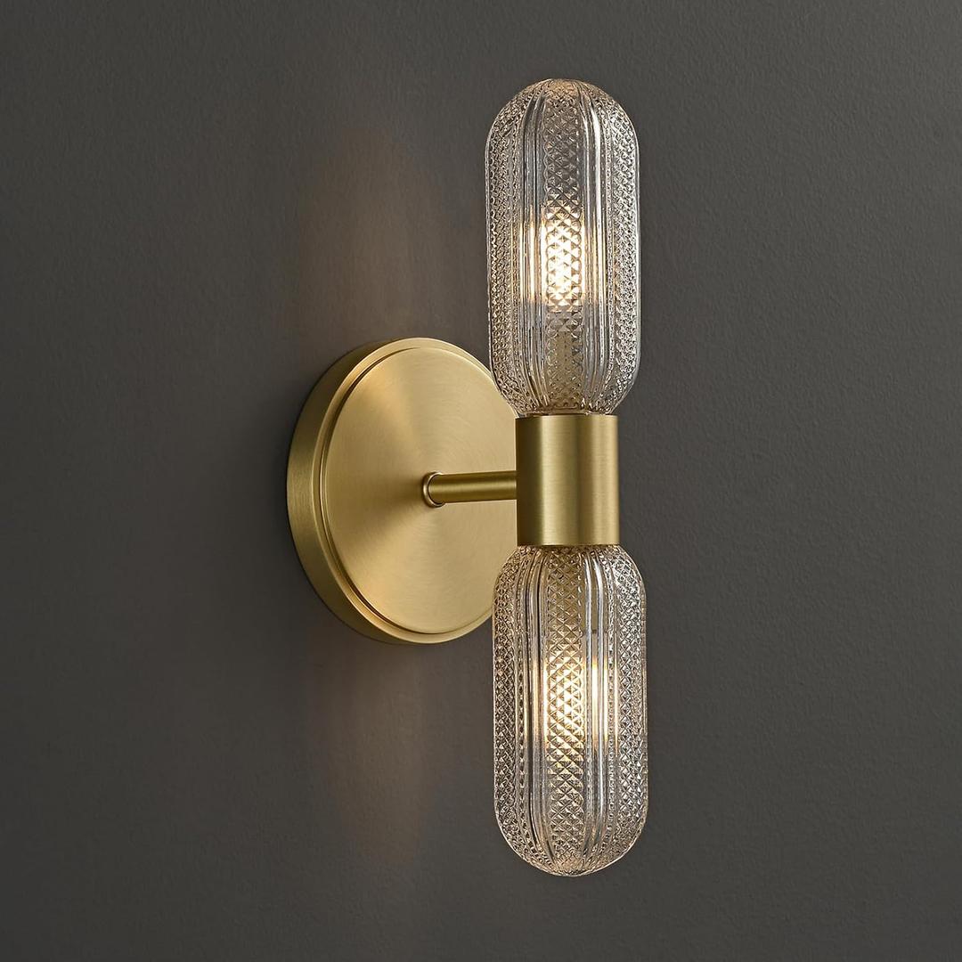 Brushed Brass Wall Sconces,12.3in Bathroom Knurled Double Glass Sconces Wall Lighting,2-Light Vanity Light Gold Sconce,Wall Lights for Living Room Bedroom Hallway Bathroom Mirror,Entrance