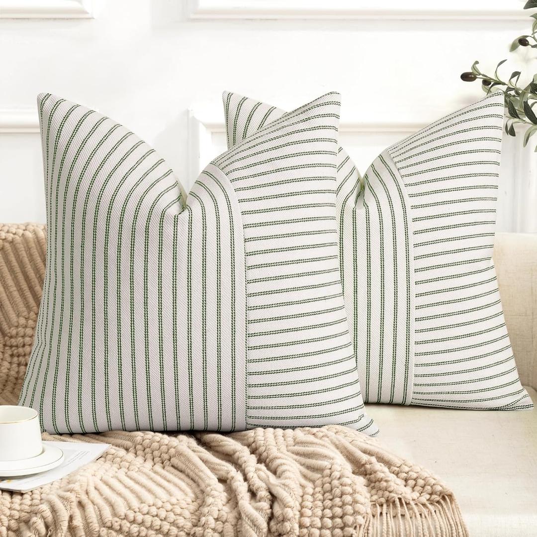 YCOLL Farmhouse Pillow Covers 22x22, Modern Accent Square Throw Pillow Covers Set of 2, Olive Green and Beige Striped Patchwork Linen Decorative Cushion Covers for Couch Chair Bedroom Home Decor, Olive Green, 22" x 22" (Pack of 2)