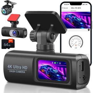 UNITOPSCI 4K Wireless Dash Cam Front and Rear, WiFi Dash Cam with 64GB Card, 4K+1080P Dash Camera for Cars, WiFi Dashcam with App Control, 1.47 IPS Screen 24H Parking Monitor/Loop Record/G-Sensor