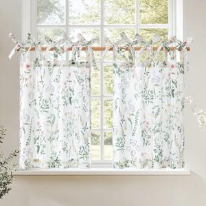 jinchan Linen Kitchen Curtains Floral Printed Tier Curtains 24 Inch Length Farmhouse Cafe Tie Top Botanic Small Window Drapes for Farmhouse Cottagecore Laundry Bathroom RV 2 Panels Green