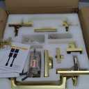 Moquin Double Front Door Lock Set, Brushed Gold Square Front Door Hardware Set with Dummy, Heavy Duty Door Handle with Deadbolt, Stain Brass Double Entry Door Lock Set with Reversible Handle