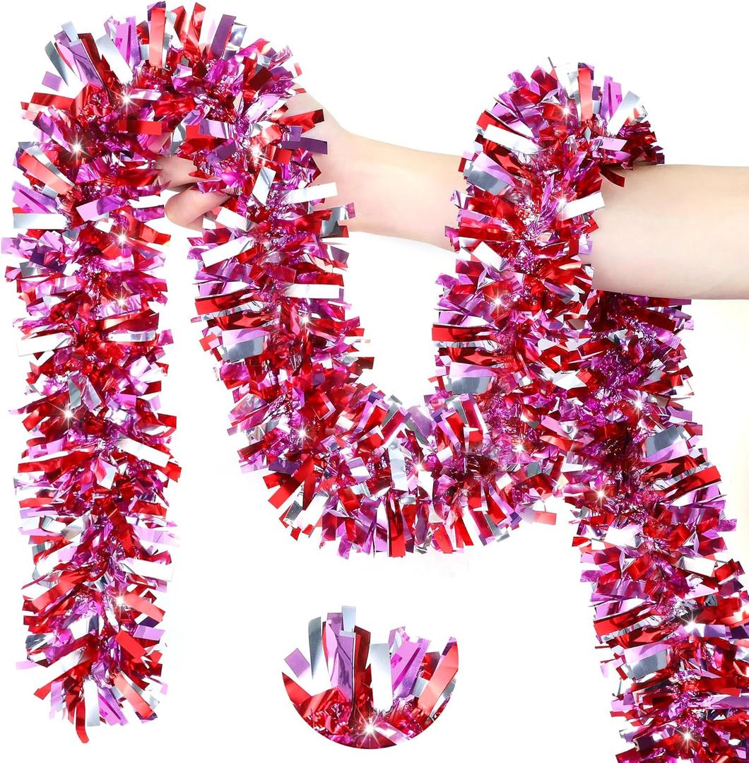50Ft Valentine's Day Decorations, Valentines Tinsel Garland Red Pink Silver Shiny Metallic Garland for Home Tree Mantel Fireplace Stairs Outdoor Indoor Galentine's Day Decorations