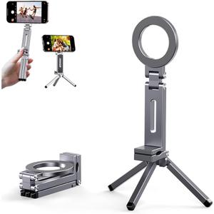 Magnetic Tripod for iPhone 16/15/14/13/12 Plus Pro Max Series,Aluminium Mini Magnetic Phone Tripod for iPhone & MagSafes,360 Adjustable Magic Clip Folding Magnetic Phone Stand,1/4" Screw (Grey)