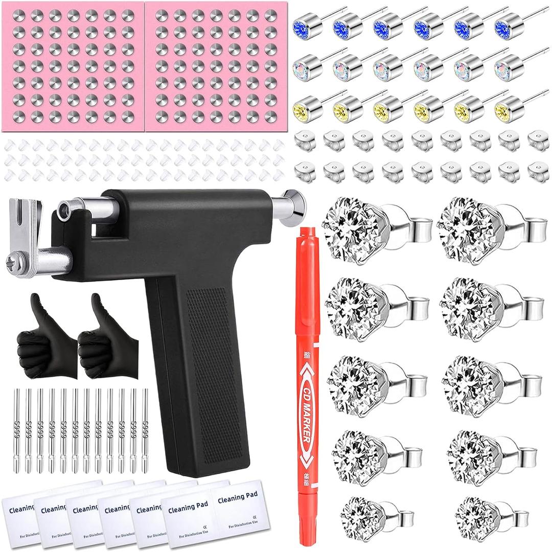 Professional Ear Piercing Kit with 63 Pairs of Cubic Zirconia Stones Ear Stud Earrings with Multi Purpose Black Reusable Ear Piercing Gun Silver Sticks for Salon & Home Piercings