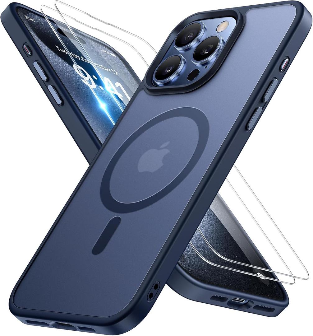 Miracase Magnetic for iPhone 15 Pro Max Case 6.7 inch (Compatible with MagSafe)with 2X Screen Protectors Military-Grade Protection, Anti-Fingerprint Translucent Matte Phone Cover, Dark Blue