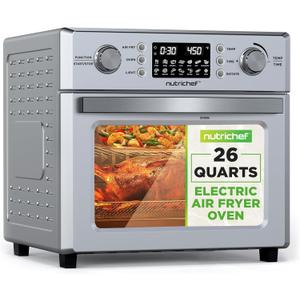NutriChef 26QT Air Fryer Oven | Countertop Convection Toaster & Air Fryer | 360 Rotisserie Feature | 10 Digital Presets | Includes Drip Tray, Air Frying Basket & Bake Rack 15x16x14 | Stainless Steel