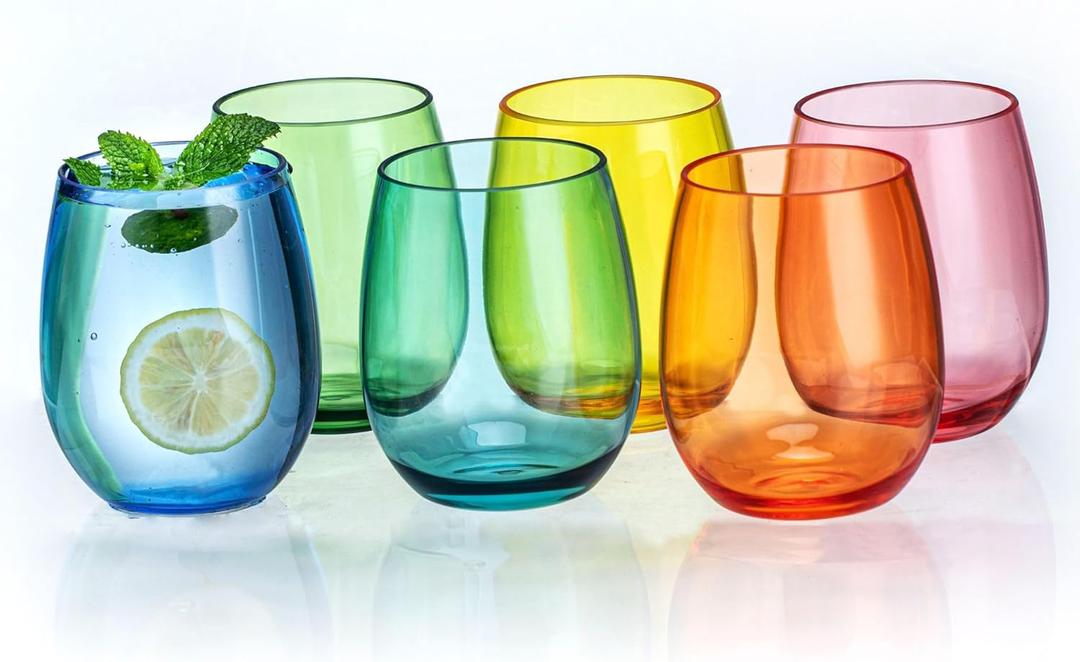 18oz Colorful Stemless Wines Cups, Shatter-Proof Acrylic Glasses Drinkware, Reusable Plastic Bar Glasses, BPA-Free, Dishwasher-Safe (Multicolor)