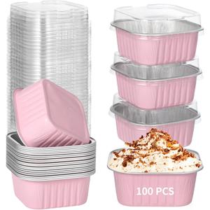 100 PCS Aluminum Foil Cups, 5oz Dessert Cups With Lids, Cupcake Liners Foil Baking Cup, Disposable Ramekins Muffin Individual Square Cupcake Container, Foil Flan Baking Cups (Pink)