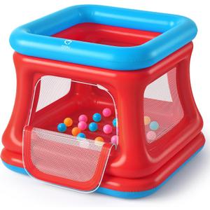 QPAU 3-in-1 Inflatable Bounce House for Toddlers 1-3, Ball Pit & Trampoline, Inflatable Bouncy House with Safety Net, Indoor & Outdoor Bubble Bouncer (Blue & Red)