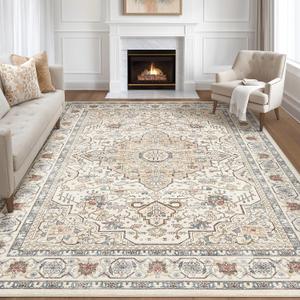 9x12 Area Rug Living Room: Washable Boho Large Neutral Vintage Soft Rugs Stain Resistant Farmhouse Non Slip Indoor Floor Carpet for Bedroom Nursery Kids Playroom Office Dining Room- Cream Blue