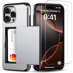 Benbenjaytek for iPhone 16 Pro Wallet Case with Card Holder + 2 Tempered Glass Screen Protector Protective Shockproof Hidden Card Slot Slim Case Women Men iPhone 16 Pro 6.3″ 2024 (Gray)