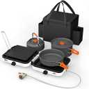Hisencn Portable Camping Stove, 2 Burner Foldable Camp Stove, 20000 BTU Folding Gas Stove, Portable Propane Stove with Carry Bag, Adjustable Burners & Piezo Ignition, Includes Frying Pan, Kettle, Pot