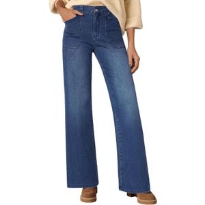 DLOODA Wide Leg Jeans Woman Stretchy High Waisted Straight Leg Jeans Loose Trendy Denim Pants with Pockets (Blue, L)
