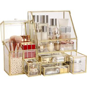 CONHENCI Large Glass Makeup Organizer Drawer Set Beauty Storage Bathroom Counter Organizer Cosmetic Display (11.5inx8.5inx5.5in) (16in)