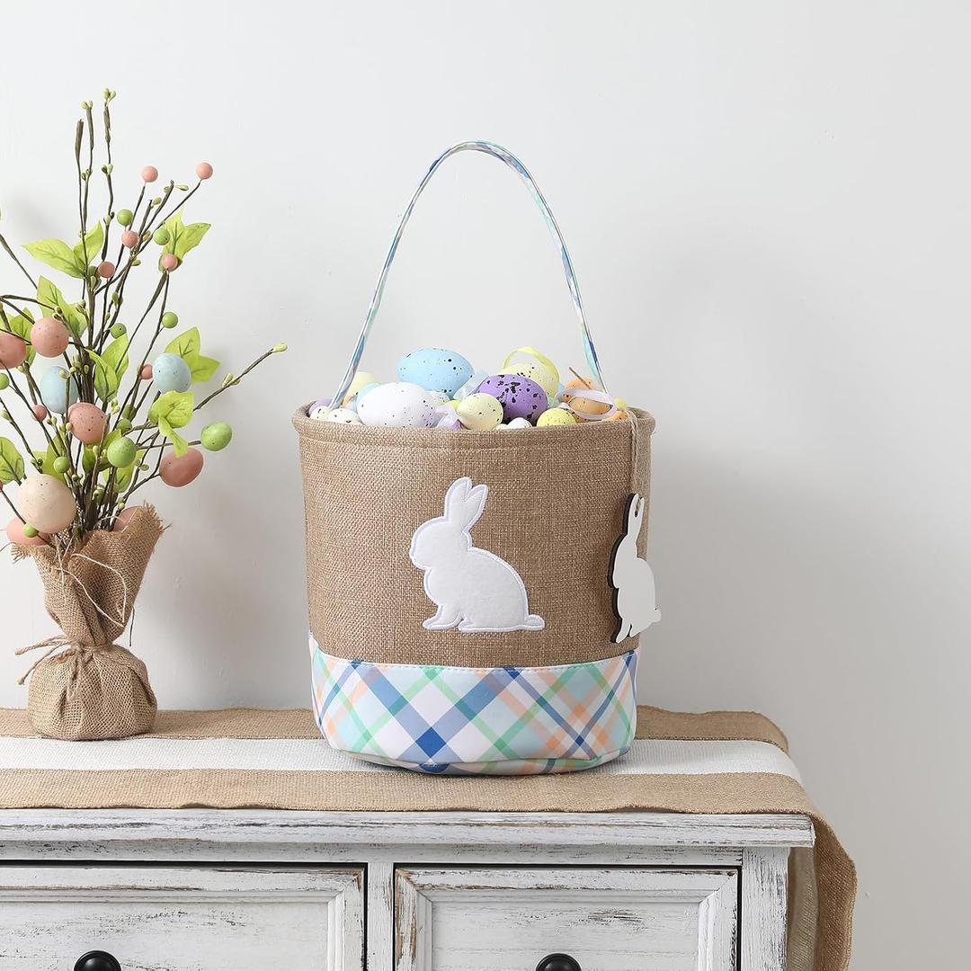 2 x Easter Basket  Bunny Basket with DIY Blank Wooden Bunny Tag for Kids, Boys, Girls, Easter Egg Hunt, Candy Gift Storage (Bule)