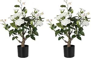 24’’ Artificial Rose Tree, 2 Pack Faux Rose Plants with White Flowers and Green Leaves, 2FT Silk Potted Tree for Indoor Outdoor Home Office Porch Garden Decor, White