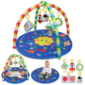 OKOOKO Baby Play Mat, Activity Baby Play Gym with Arch, Solor System Playmats & Floor Gyms, Alphabet Mat, Detachable Mirror, Thick Non Toxic Playmats
