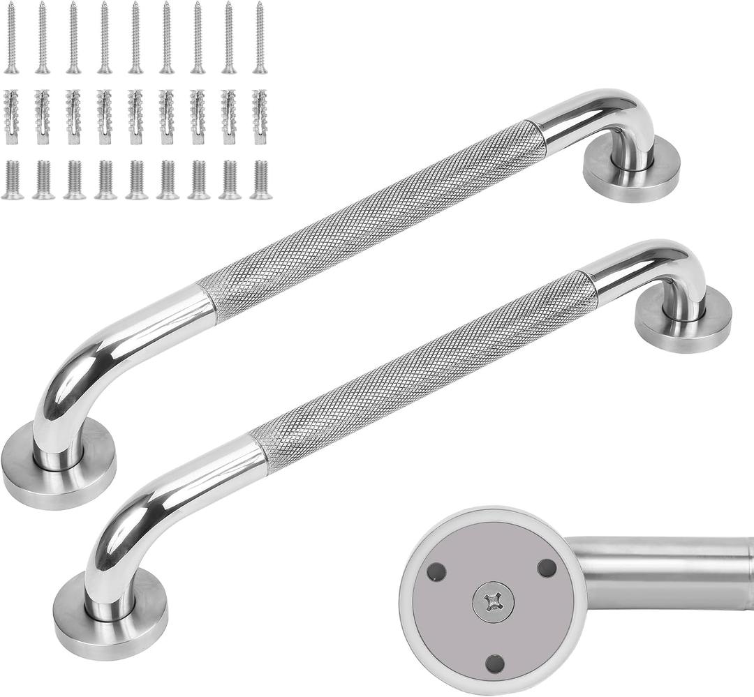 2 Pack 24 Inch Knurled Mirror Polished Shower Grab Bar, Extended Bathroom Safety Grab Bars for Elderly Disabled, Wall Mounted Heavy Duty Handrail for Tub & Shower, Stainless Steel & Easy to Clean