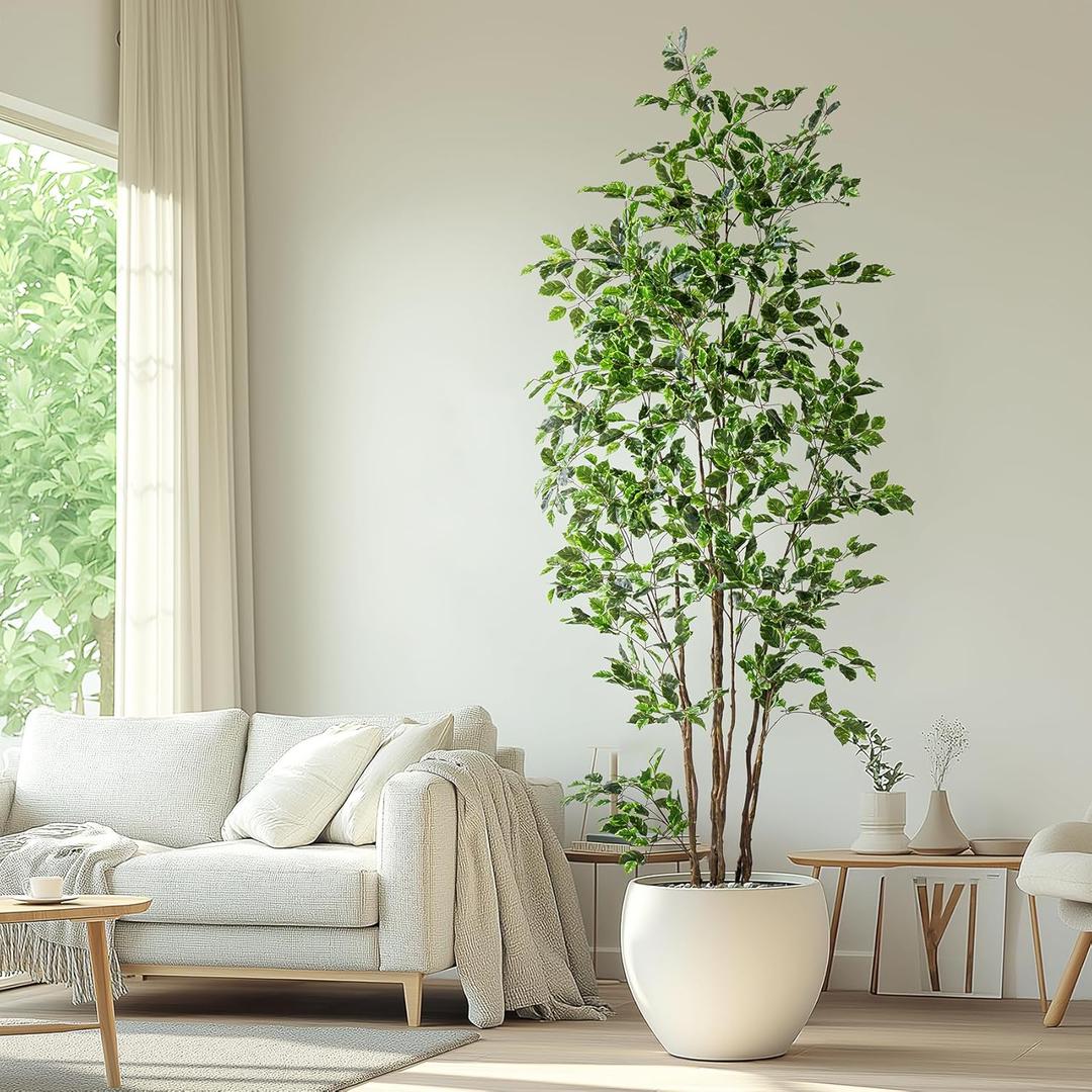 Artificial Ficus Tree Indoor 8ft, Large Potted Faux Tree with Realistic Silk Leaves & Trunk for Home Office, Living Room Corner Decor (White Green)