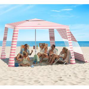 Rhino Valley Beach Cabana, 8 * 8FT Beach Tent UPF50+ Protection, Easy Setup Beach Canopy Wind Resistant with Cup Holder, Compact Beach Shade Foldable Beach Tent Sun Shelter, Pink & White Stripes