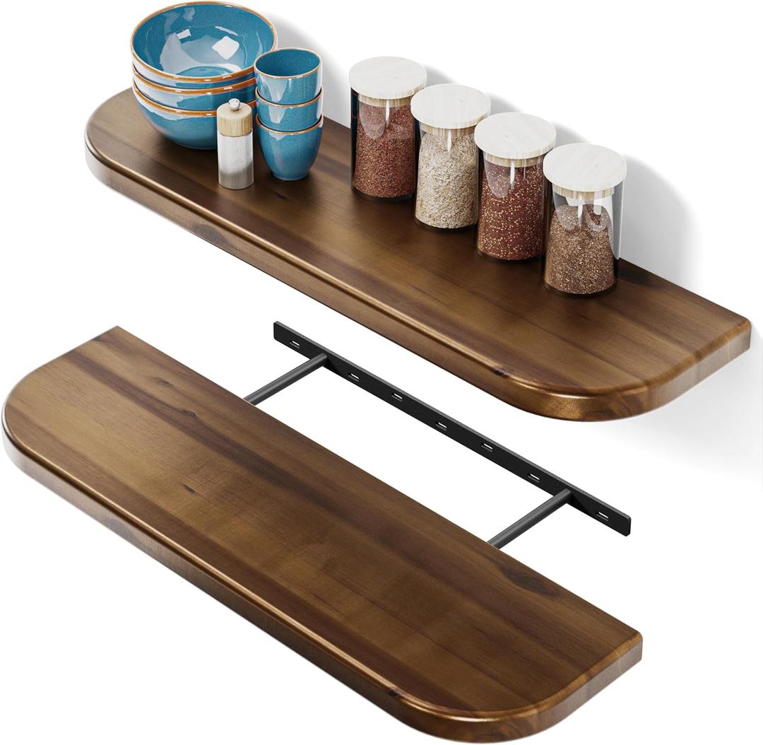 BATODA Set of 2 24 Acacia Floating Shelves for Wall (Round Edge) - Floating Bookshelf Wall - Storage Wood Shelves for House Decor, Kitchen, Bathroom - Brackets and Hardware Included (Walnut Color)