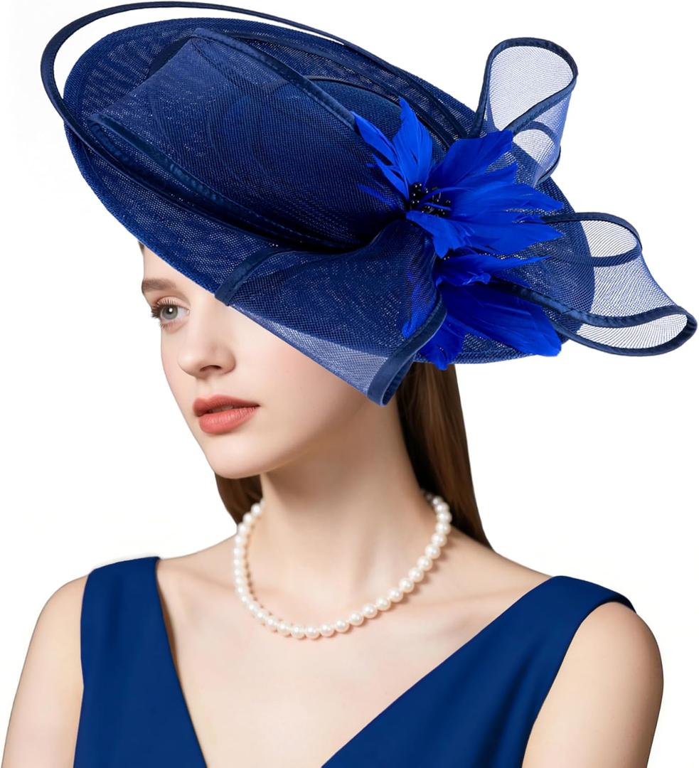 dressfan Womens Church Derby Fascinator Hats,20s 50s Linen Feather Vintage Feather Wedding Tea Party Derby Hats