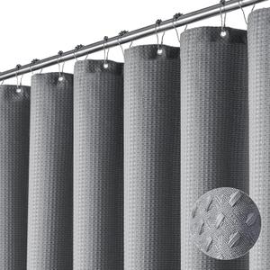 Dynamene Extra Long Fabric Shower Curtain - Waffle Weave 90 Inches Long Heavy Duty Cloth Shower Curtains for Bathroom, 256GSM Tall Hotel Luxury Bath Curtain Set with 12 Plastic Hooks,Grey/Gray