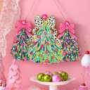 3 x Thyle Christmas Door Sign Pink Christmas Tree Welcome Wreath Sign Decorations with Bows Wall Decor Wooden Front Door Hanger Xmas Decorations Indoor for Farmhouse Home Outdoor Porch Window Decor