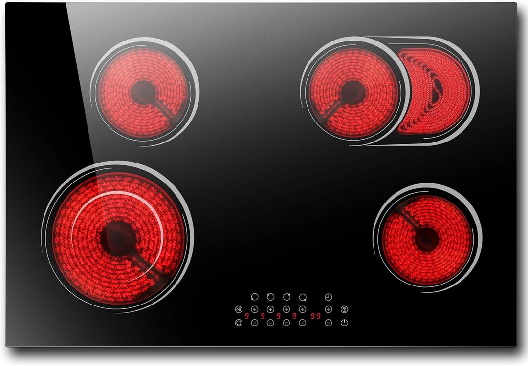 30 Inch Electric Cooktop 4 Burner, Nefaracy Electric Stove Top With Dual Oval Zone, 6600W Built-in Radiant Electric Stove, Hot Surface Indicator, Touch Control, 9 Power Level, 240V(No Plug)