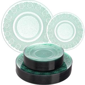 100PCS Green Plastic Plate, Clear Green Disposable Plates Heavy Duty, Fancy Floral Disposable Plates Include 50 Dinner Plates and 50 Dessert/Salad Plates for Party & Christmas