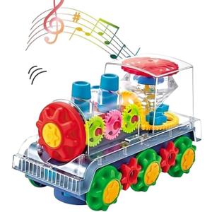 ABK Gear Train Toy, Transparent Electric Kids Gear Train with Flashing Lights, Early Educational Musical Train Set Birthday Gift for Boy and Girl (Train Engine), OM-TC-01