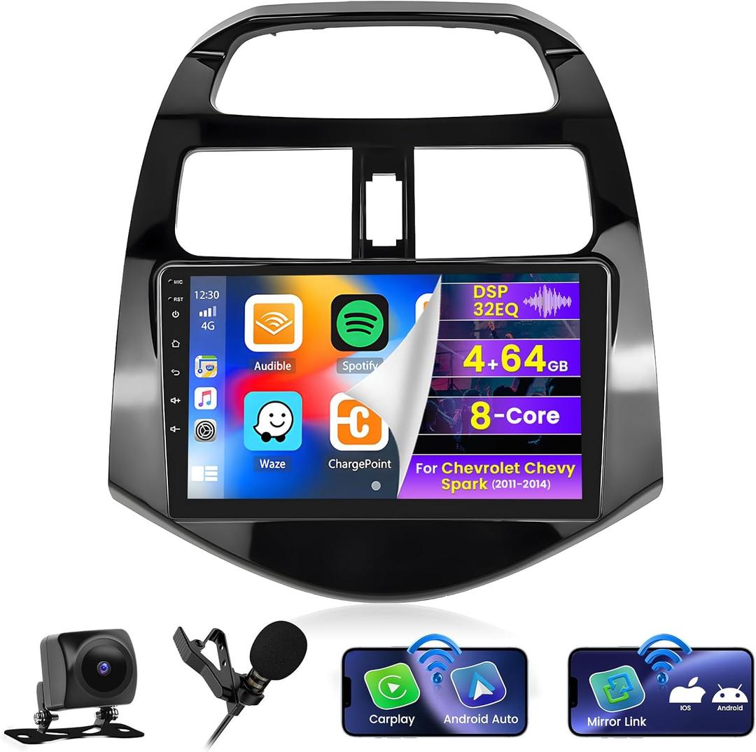 8 Cores 4+64G Android Car Radio for Chevrolet Chevy Spark 2011 2012 2013 2014, 9" Touch Screen with Carplay Android Auto 32EQ Bluetooth5.0 WiFi GPS