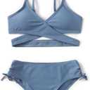 MIENOE Teen Girls' Swimsuits Two-Piece V-Neck Bikini Adjustable Shoulder Straps Swimsuit Kids Bikini with Chest Pad (14-16 Years, Grey Blue - Cross Style)