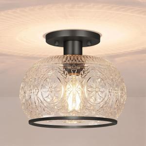 Black Vintage Semi-Flush Mount Ceiling Light with Globe Glass. Ideal for Small Kitchen, Closet, Hallway, Entryway, and Bathroom Lighting (7.68In-Ceiling)