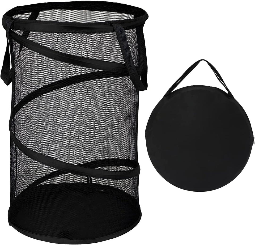 BATTOO Collapsible Laundry Basket Foldable Mesh Pop Up Hamper with Handles for Laundry Room, Bathroom, Kids Room, College Dorm, Travel, Storage Organizer Black (13.5 x 24 inch)