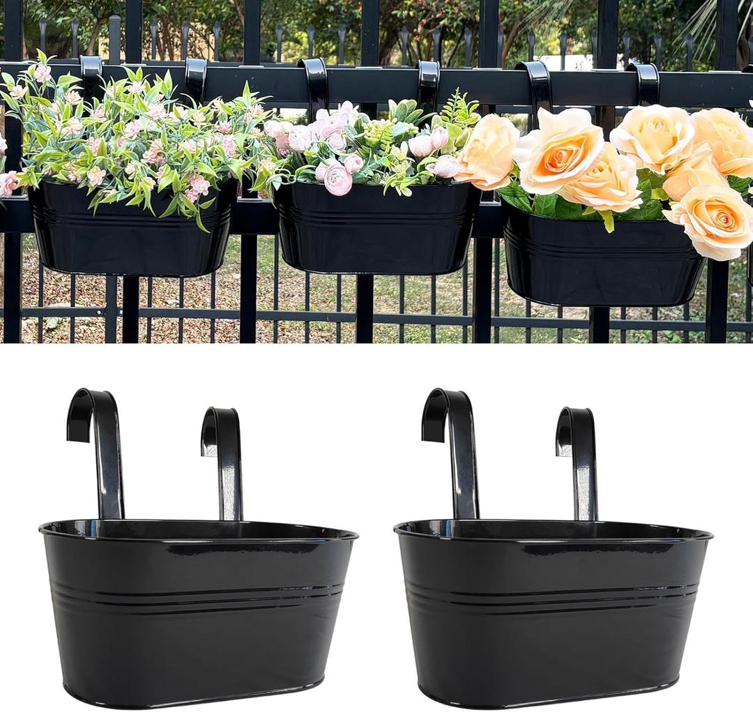 12" Balcony Railing Planters, Outdoor Hanging Planter for Fence, Stylish Metal Porch Deck Flower Pot for Herbs & Succulents (Black, Pack of 2)