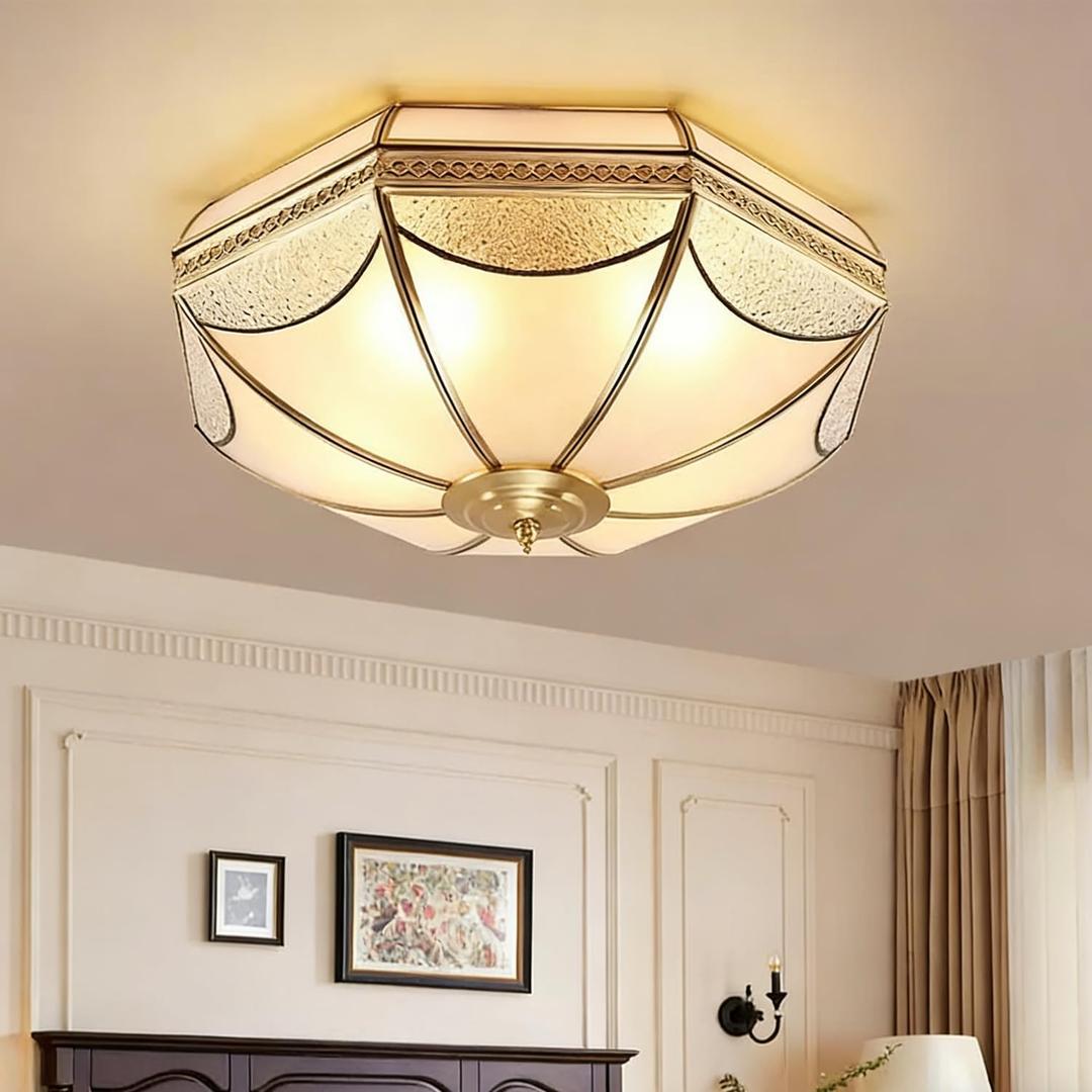 24 Inch Large Mid Century Modern Brass Flush Mount Ceiling Light | Solid Brass Frame,Glass Lampshade,Bright 6-Bulbs Design,Luxury Gold Home Decor,Ideal for Living Room Foyer