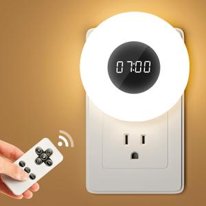 Kids' Nightlights with Clock & Remote, 3 Color Dimmable Plug-in Night Light, Auto Timer for Bathroom & Toilet