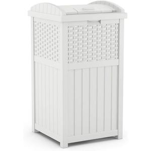 Suncast Hideaway Outdoor Trash Can with Lid - 30 Gallon Trash Can, White, Decorative Wicker-Style Garbage Bin, Weather-Resistant Resin, Fits 30-33 Gallon Bags, Ideal for Patio & Yard, Made in USA